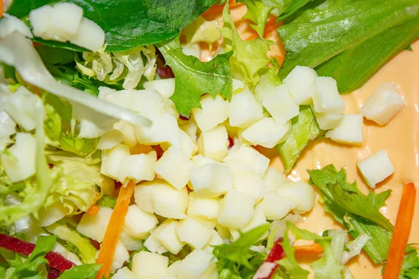 Ensalada Hojas Verduras Rodajas Salsa Pita Son Base Para Shawarma —  Fotos de Stock