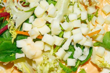 Yapraklı salata, dilimlenmiş sebze ve pita sosu ev yapımı Shawarma 'nın temelidir. Kapat.