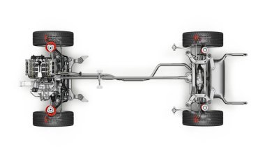 SUV otomobil altında arabası teknik 3 D işleme. Üstten Görünüm.