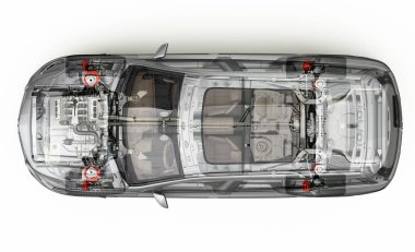 SUV detaylı kesit 3d render. Üstten Görünüm.
