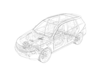 Tüm ana iç parçaları ile SUV teknik çizim.