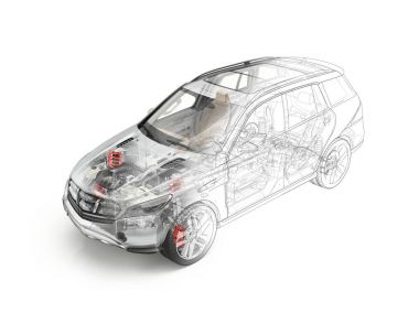 Suv car detailed cutaway realistic morphing to drawing. clipart