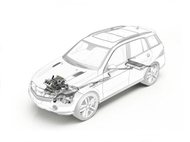 Motor ve egzoz sistemi gösterilen Suv kesit.