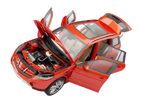 Suv red car with open doors viewed from above. — Stock Photo, Image