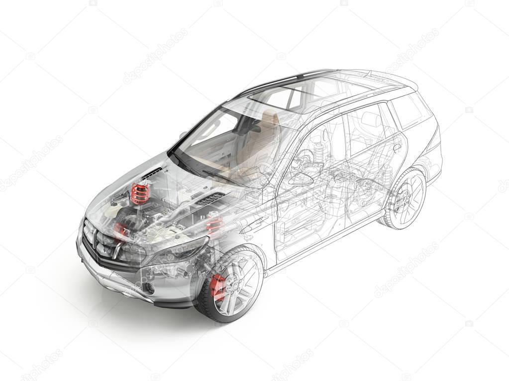 Suv car detailed cutaway realistic morphing to drawing.