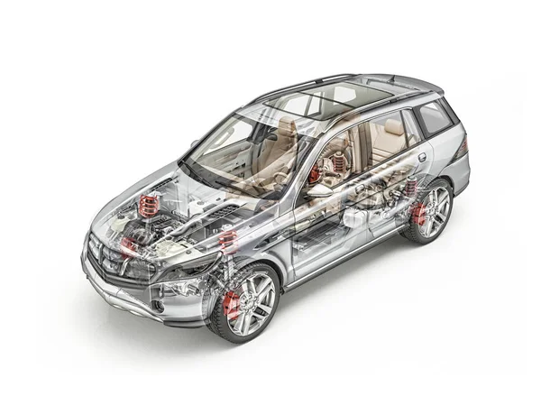 Generieke Suv auto gedetailleerd cutaway 3D-rendering. Harde blik. — Stockfoto