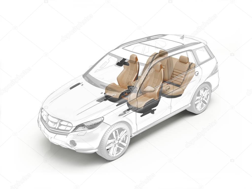 Suv technical drawing showing seats.