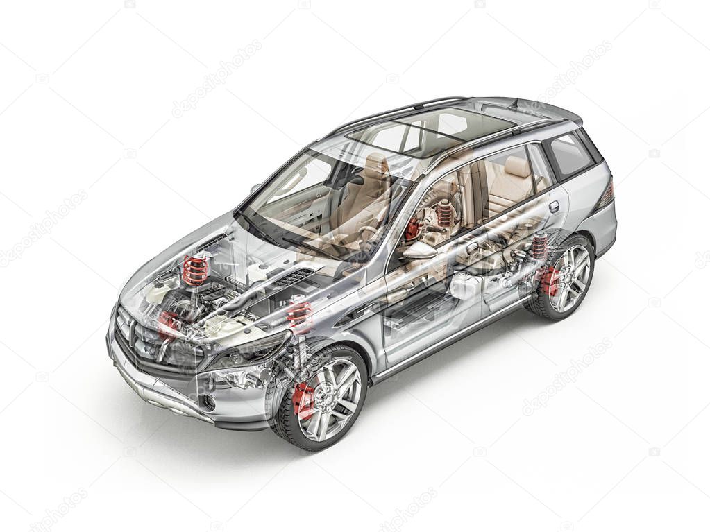 Generic Suv car detailed cutaway 3D rendering. Hard look.