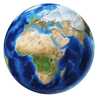 Dünya küre 3 boyutlu illüstrasyon. Afrika, Asya ve Avrupa.