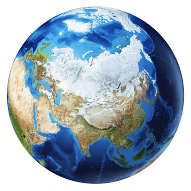 Dünya küre 3 boyutlu illüstrasyon. Kuzey Asya görünümü.