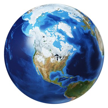 Dünya küre 3 boyutlu illüstrasyon. Kuzey Amerika görünümü.
