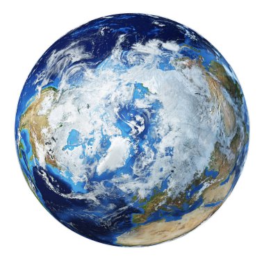 Dünya küre 3 boyutlu illüstrasyon. Kuzey Kutbu görünümü.