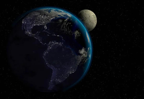 Planet jord med soluppgång i rymden, stadens ljus och månen — Stockfoto