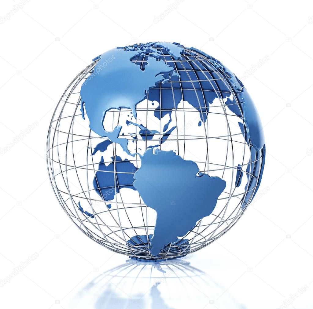 Earth globe stylized with metal grid. Americas view.