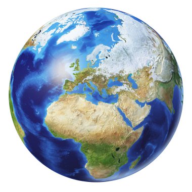 Dünya küre 3 boyutlu illüstrasyon. Avrupa, Afrika ve Asya.