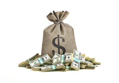 Etrafında bir sürü banknot olan para çantası..