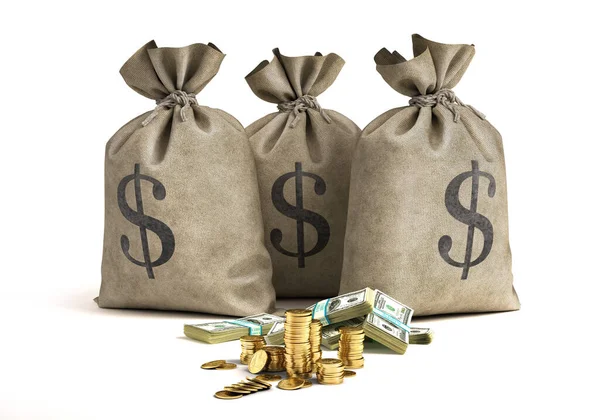 Money bags with stacks of banknotes and golden coins. — Stock Photo, Image