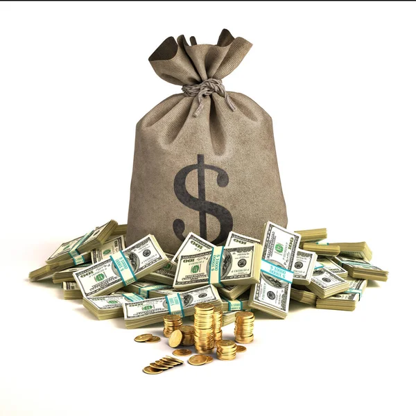 Money bag with many wads of banknotes and golden coins stacks. — 스톡 사진