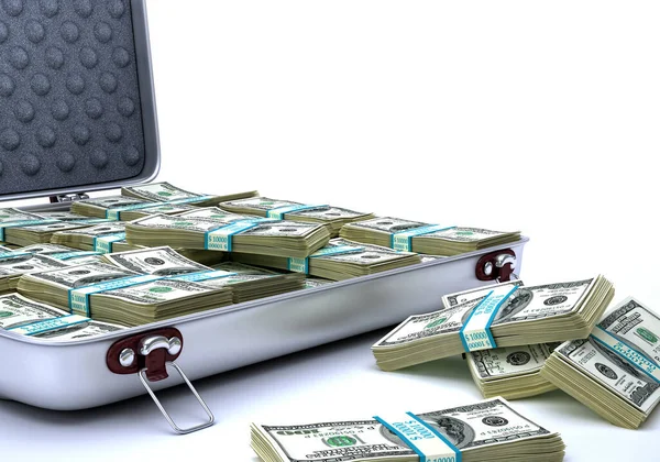 Briefcase open, full of USD banknotes. Close-up. — Stock Photo, Image