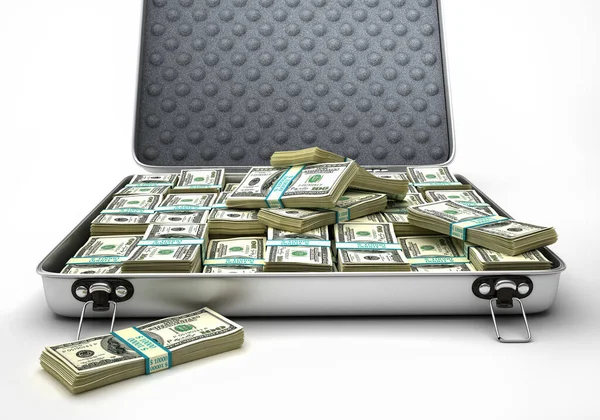 Briefcase open, full of USD banknotes. Front view. — Stock Photo, Image