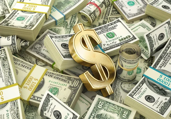 Λεφτά. Μικτή ποσότητα τραπεζογραμματίων Usd και σύμβολο χρυσού δολαρίου. — Φωτογραφία Αρχείου