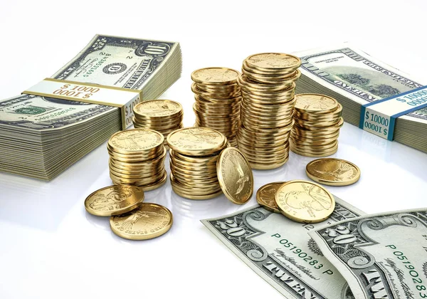 Pengar. Blandade wads med Usd-sedlar och några högar med gulddolla — Stockfoto