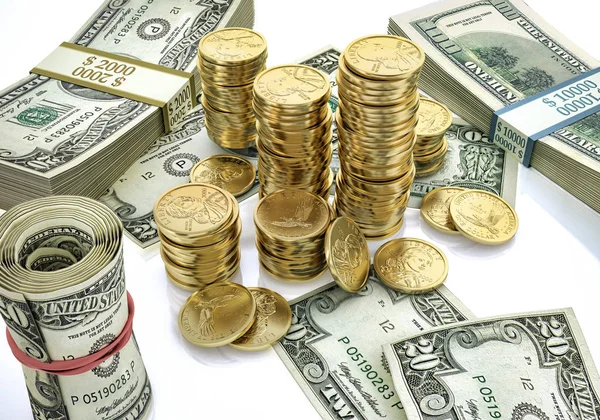 Money. Mixed wads of USD banknotes and some stacks of gold dolla — Stock Photo, Image