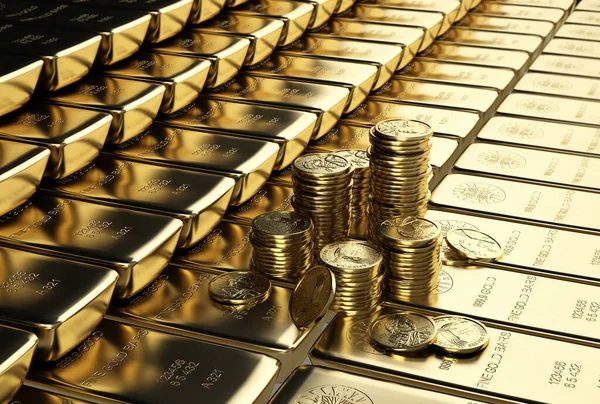 Ingots gold bars stacked aligned with some piles of gold dollar — Stock Photo, Image