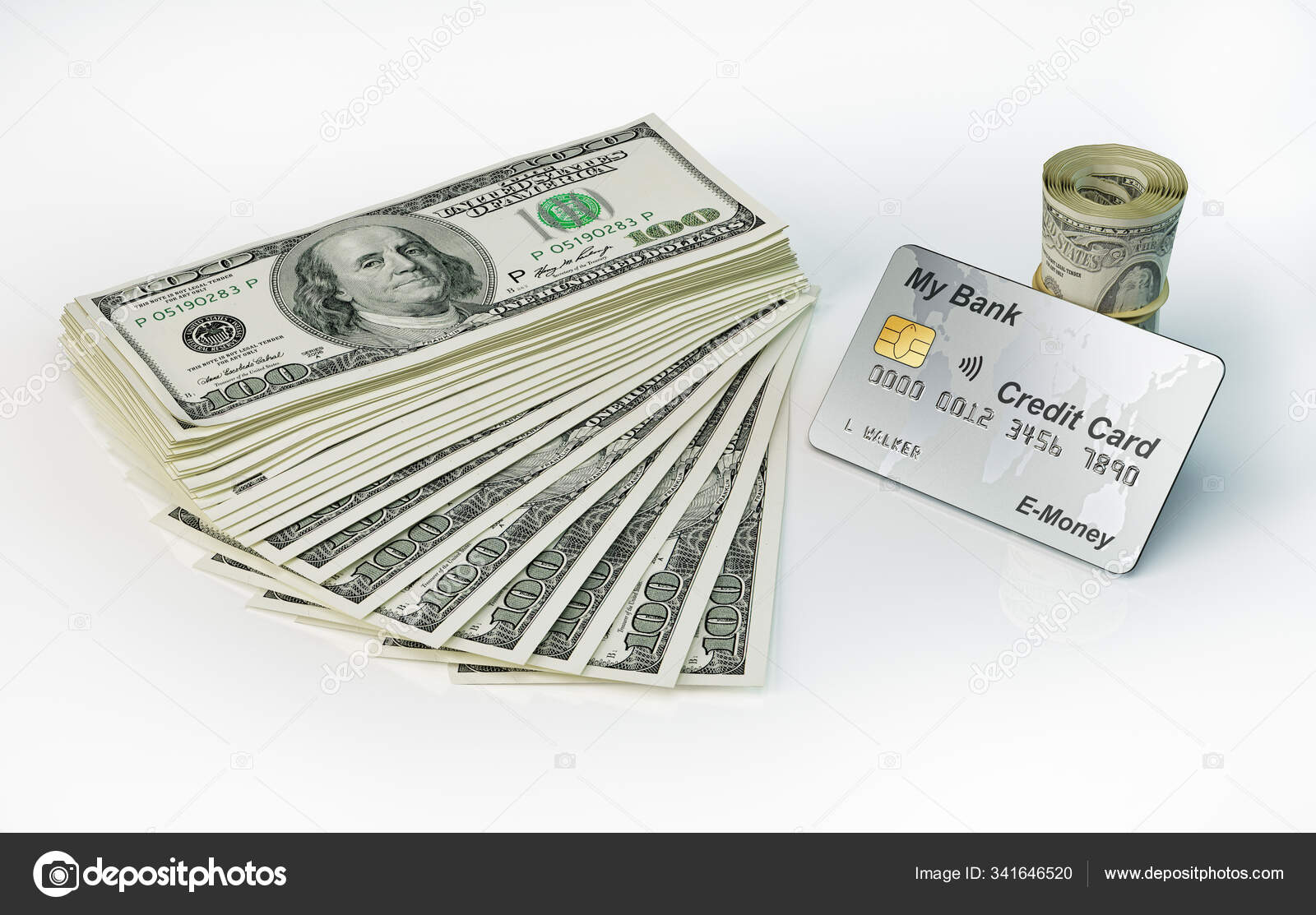 钱。100美元钞票、纸卷和信用卡. —— 库存社论照片© Pixelchaos #341646520