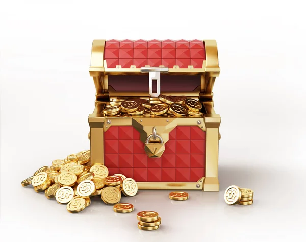 Treasure Coffer full of gold coins, some also outside. Front vie — Stock Photo, Image