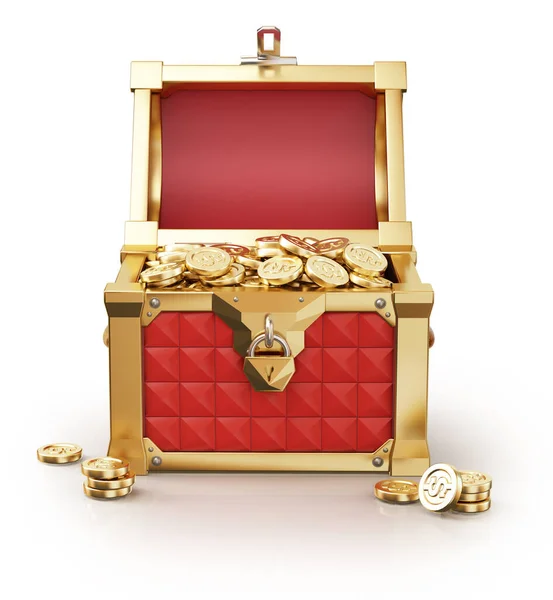 Schatztruhe voller Goldmünzen. Frontansicht. — Stockfoto