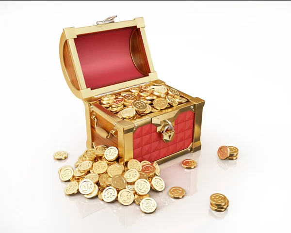 Treasure Coffer pełen złotych monet, niektóre także na zewnątrz. — Zdjęcie stockowe