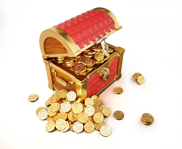 Treasure Coffer full of gold coins, some also outside. — Stock fotografie