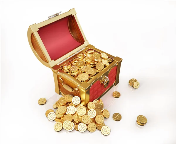 Treasure Coffer full of gold coins, some also outside. — Stock Photo, Image