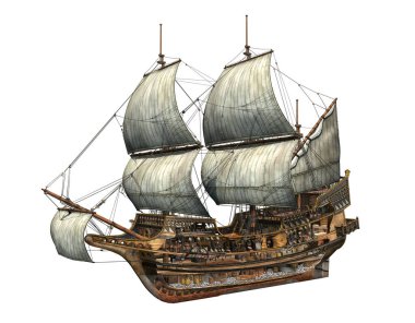Golden Hind galleon, very detailed cutaway 3d illustration. On white background. Clipping path included. clipart