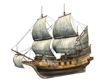Golden Hind galleon. 3d illustration. Side perspective view on white background. Clipping path included. clipart