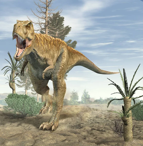 Rex Δεινόσαυρος Τρέχει Στο Περιβάλλον Μερικά Φυτά Ρεαλιστική Απεικόνιση — Φωτογραφία Αρχείου