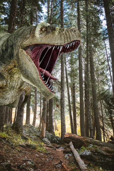 Rex Dinosaurus Zblízka Řvoucí Jehličnatém Lese Fotorealistická Ilustrace — Stock fotografie