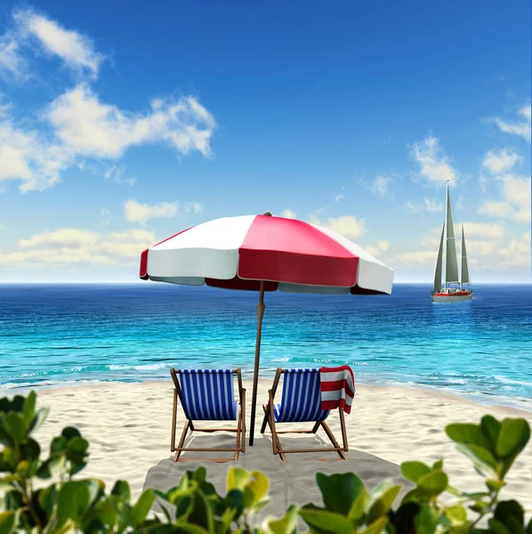 Twee Stoelen Parasol Het Strand Met Rustige Transparante Zee Zeilboot — Stockfoto