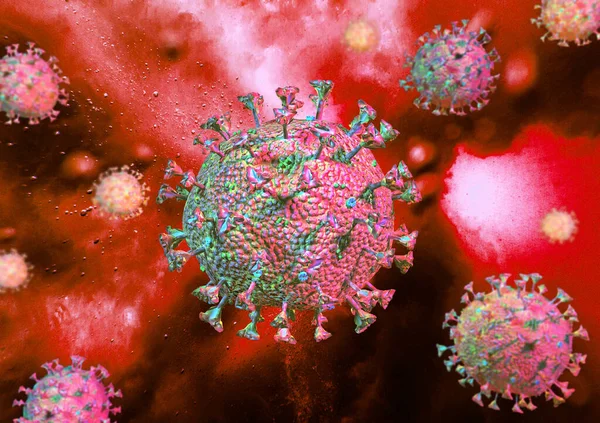 Corona virus scene with detailed structure. On red background. 3d rendering.