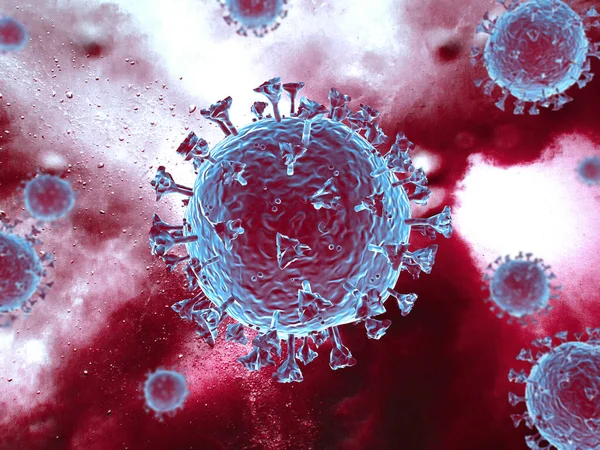 Scène Virus Corona Avec Structure Détaillée Sujets Bleus Rouges Sur Images De Stock Libres De Droits