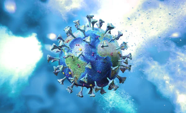 Coronavirusscen Med Detaljerad Struktur Och Jordkarta Blå Motiv Blå Bakgrund — Stockfoto
