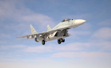 Askeri savaş uçağı Mig 29, iniş / kalkış. 3d illüstrasyon.