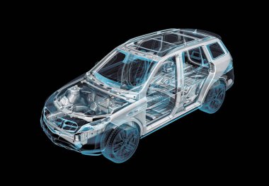 X-ray efektli SUV arabasının 3 boyutlu çizimi. Üst Manzara. Motor, tekerlekler ve iç mekan. Siyah arkaplanda.