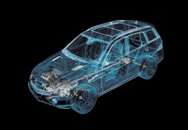 X-ray efektli SUV arabasının 3 boyutlu çizimi. Üst Manzara. Motor, tekerlekler ve iç mekan. Siyah arkaplanda.