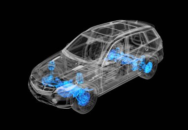 X-ray efektli SUV arabasının 3 boyutlu çizimi. Üst Manzara. Motor, tekerlekler ve iç mekan. Siyah arkaplanda.
