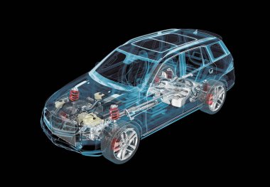 X-ray efektli SUV arabasının 3 boyutlu çizimi. Üst Manzara. Motor, tekerlekler ve iç mekan. Siyah arkaplanda.