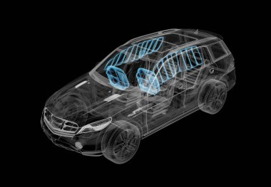 X-ray efektli SUV arabasının 3 boyutlu çizimi. Üst Manzara. Motor, tekerlekler ve iç mekan. Siyah arkaplanda.