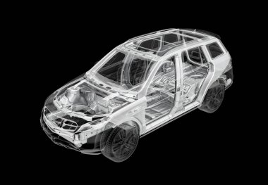 X-ray efektli SUV arabasının 3 boyutlu çizimi. Üst Manzara. Motor, tekerlekler ve iç mekan. Siyah arkaplanda.