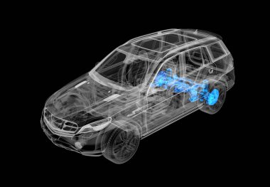 X-ray efektli SUV arabasının 3 boyutlu çizimi. Üst Manzara. Motor, tekerlekler ve iç mekan. Siyah arkaplanda.